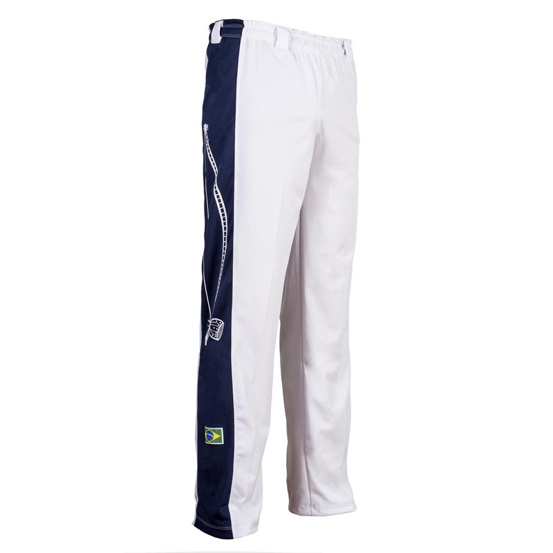 JL Sport Authentic Brazilian Capoeira Martial Arts Pants Training Abadas - Unisex (White with Berimbau Along Leg)