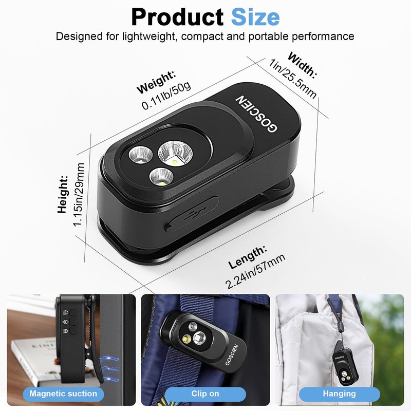 GOSCIEN Rechargeable EDC Flashlight Clip-on Light 500 Lumens Clip Light with Three Lighting Solutions USB C Charging Magnetic IPX6 Waterproof Flashlight for Cycling, Outdoor and etc(Black)
