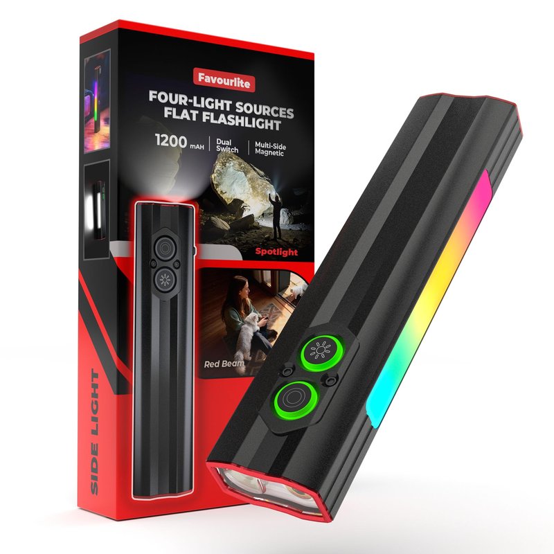 Favourlite Flat Rechargeable Flashlight, 1200 Lumens Magnetic Pocket Work Light with Clip, RGB Side Light & Red Beam, 4 Light Sources for Camping & Emergencies