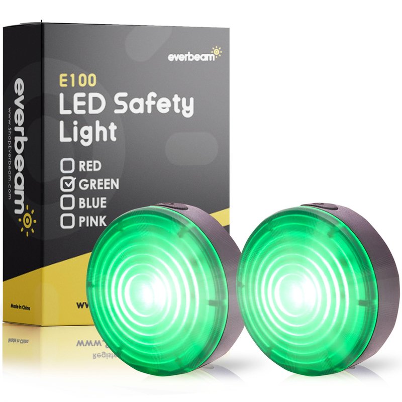 Everbeam E100 LED Safety Lights for Walking at Night - Waterproof Bike LED Light Excellent for Runners, Cycling, Dog Walking, Kayaking-Bright Clip On LED Light, Many Straps for Wearing - 2 Pack, Green