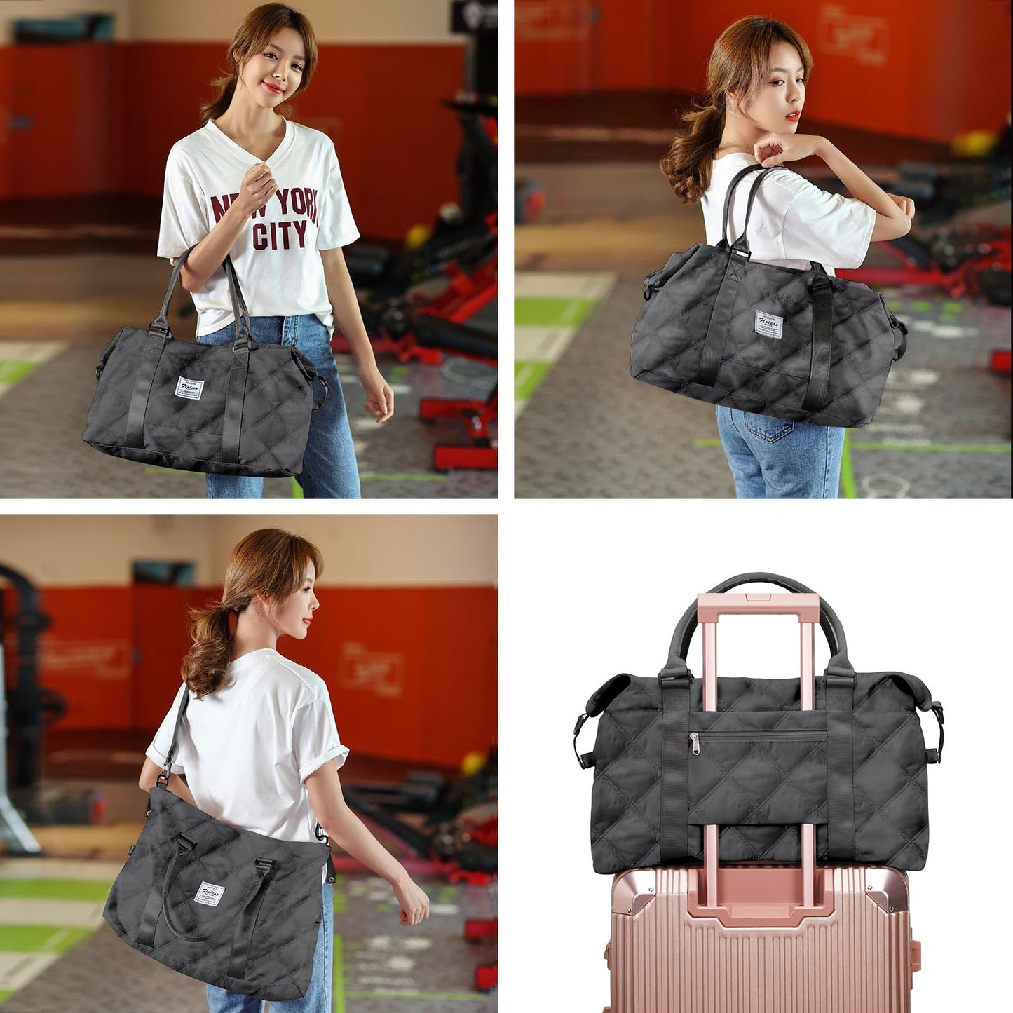 Sport Travel Duffle Bag Large Gym Tote Bag for Women, Weekender Bag Carry on Bag for Airplane, Ladies Beach Bag Overnight Bag Waterproof Bag Luggage Bag with Wet Bag Black Grey