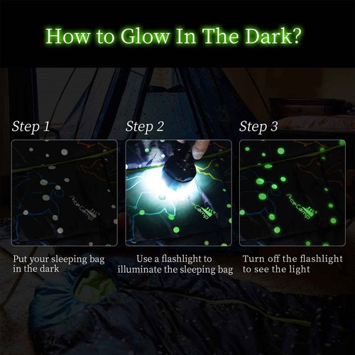 AceCamp Kids' Glow-in-The-Dark Sleeping Bag - Portable, Water-Resistant, Temp Rating 30F/ -1, for Camping, Hiking, Slumber Party (Youth)