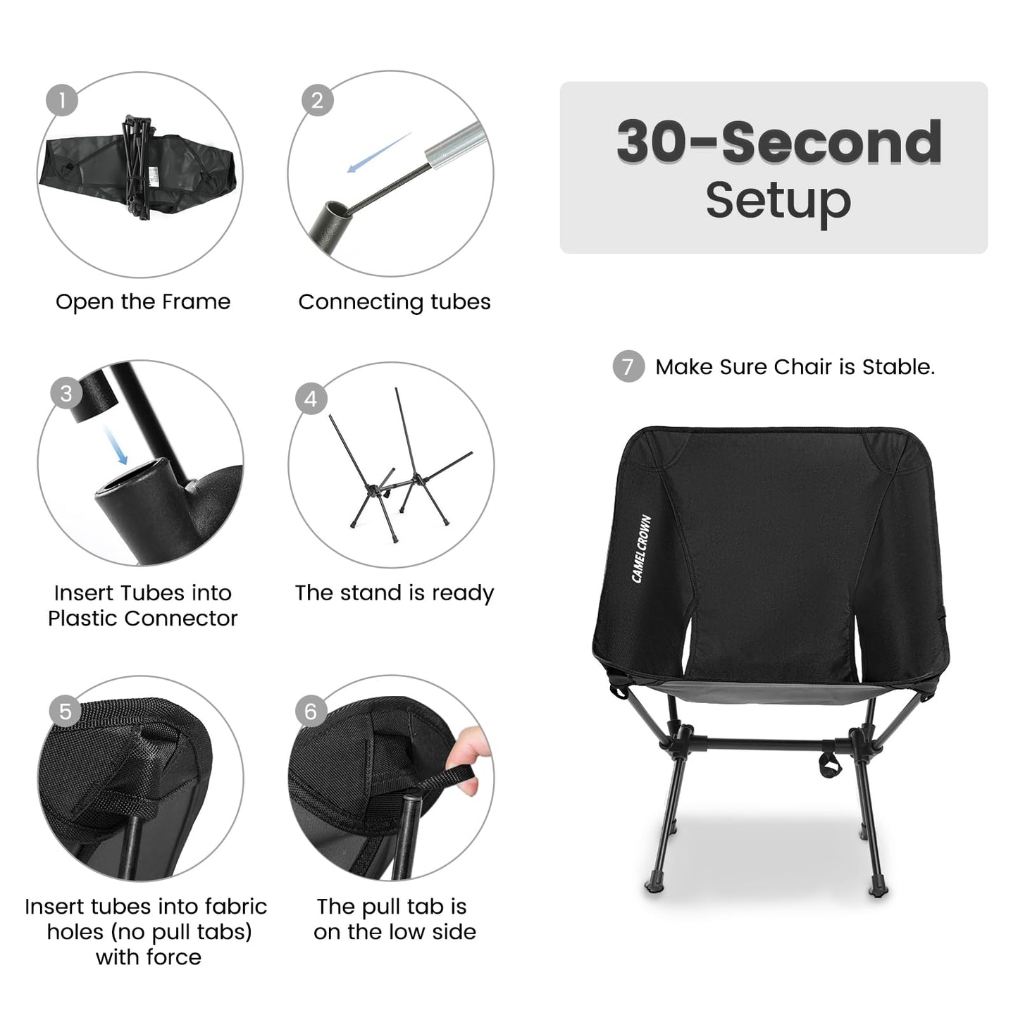 CAMEL CROWN Portable Camping Chair Folding Compact Lawn Lightweight Backpacking Chair with Carry Bag for Outdoor Hiking Beach Travel Picnic Festival Black
