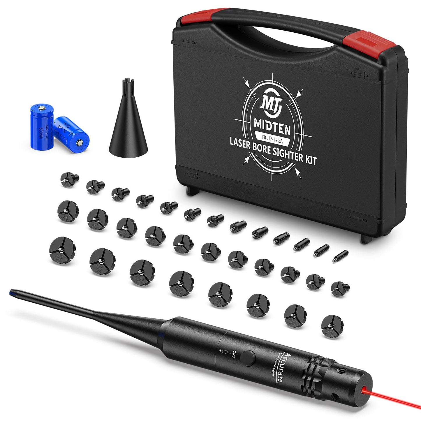 MidTen Laser Bore Sight Kit with Button Switch, Professional Red Laser Bore Sighter with 32 Adapters for 0.17 to 12GA Calibers, Powerful Hunting Equipment