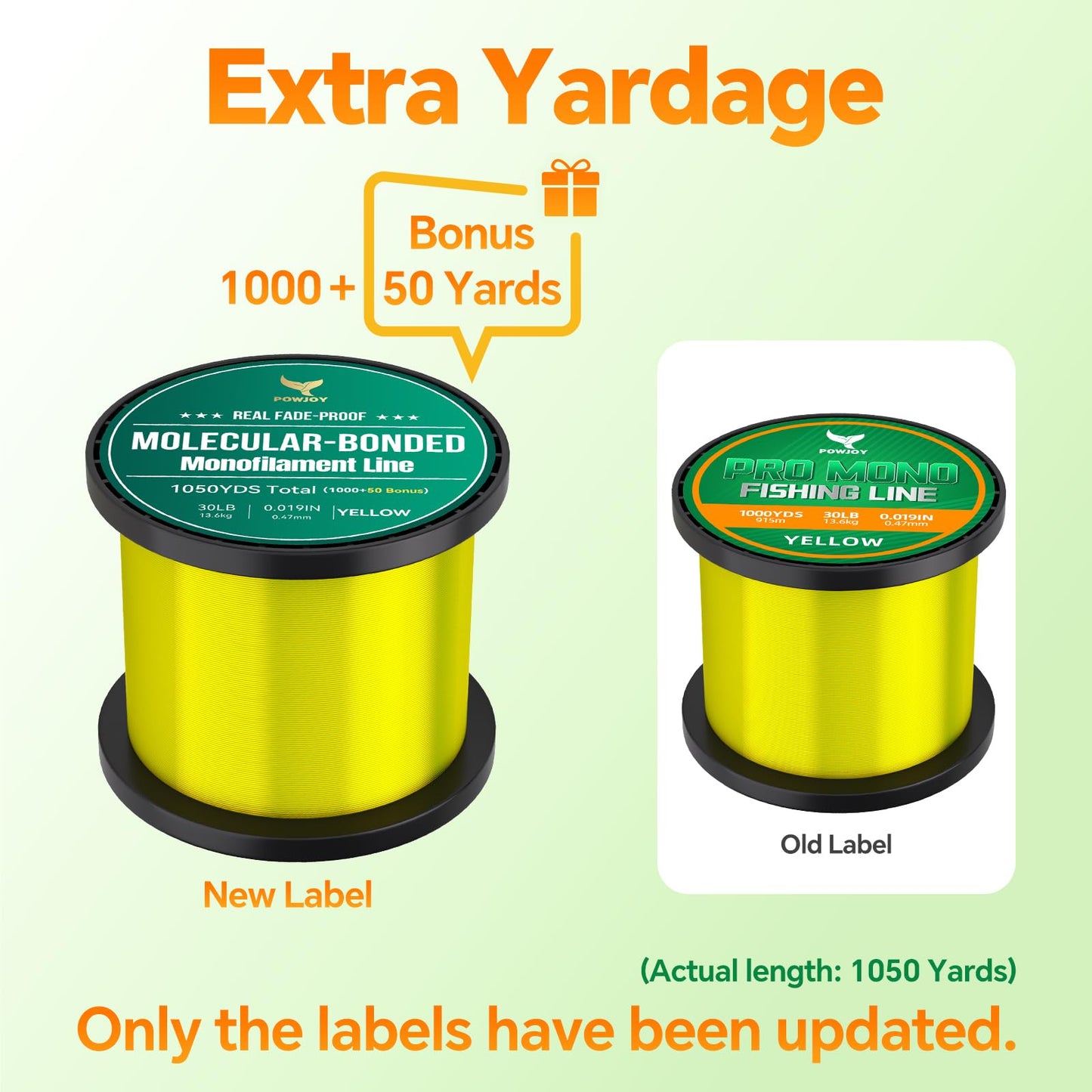 POWJOY 30LB Monofilament Fishing Line - 1050 Yards Spool, 0.018" Diameter - Strong Yet Ultra Thin for Longer Casting - High-Visibility Yellow & Fade-Resistant - Ideal for Murky Water & Ice Fishing