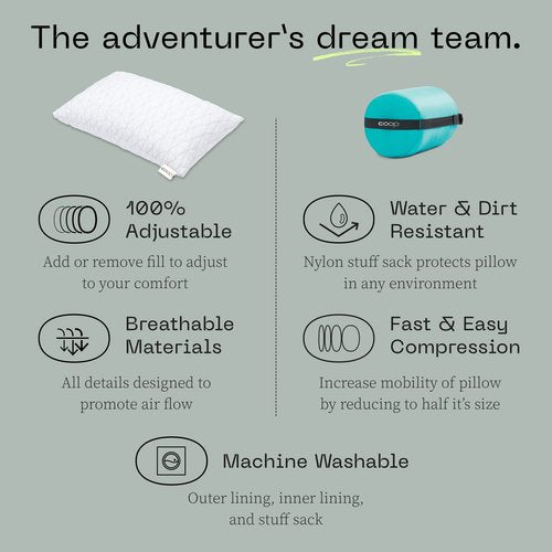 Coop Home Goods Original Travel & Camp Adjustable Pillow, Small Camping Pillow with Compressible Stuff Sack - Medium-Firm Memory Foam with Lulltra Washable Cover, CertiPUR-US Certified (19x13)