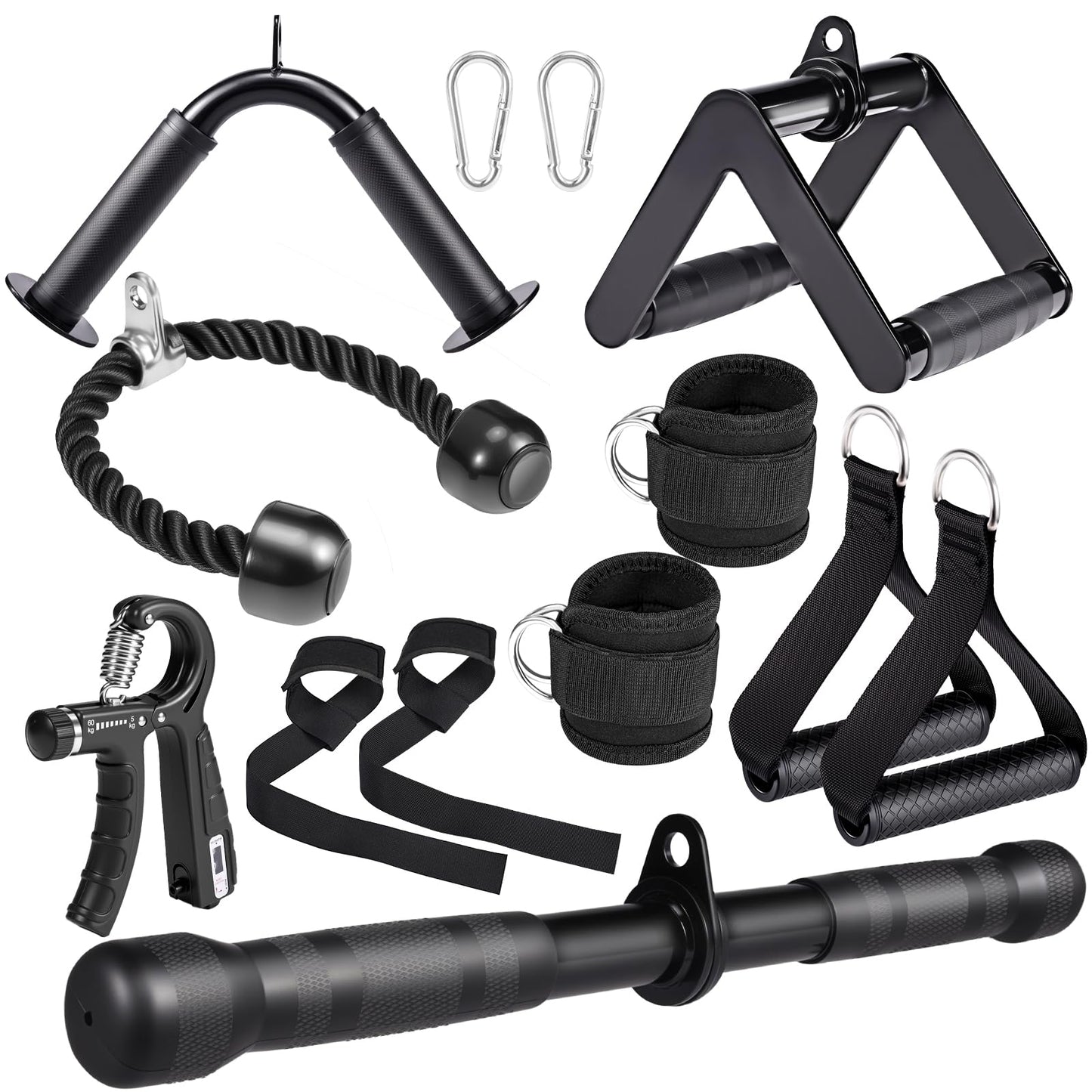 10-in-1 Cable Machine Attachments Set for Gym - Includes Tricep Rope, V-Bar, Straight Bar, D-Handle, Ankle/Wrist Straps, Storage Bag - Compatible with LAT Pulldown & Home Gym Cable Machines