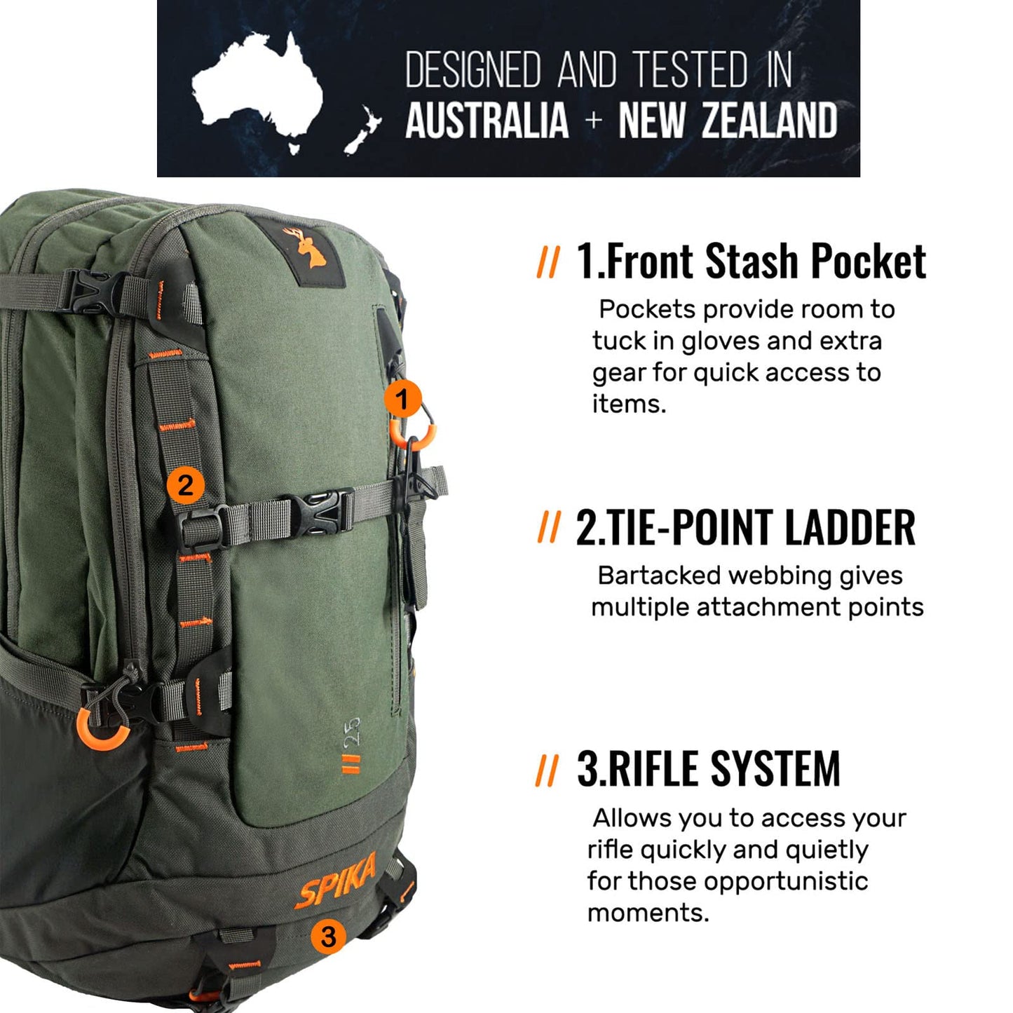 SPIKA Hunting Backpacks for Men, 25L Green Hunting Day Pack with Water Bladder, Removable Waist Belt, Rifle Holder, Internal Ammo Storage and Rain Cover