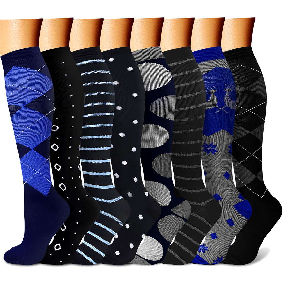 CHARMKING Compression Socks for Women & Men (8 Pairs) 15-20 mmHg Graduated Copper Support Calf Socks are Best for Pregnant, Nurses - Boost Performance, Circulation, Knee High Wide Calf(S/M, Multi 17)