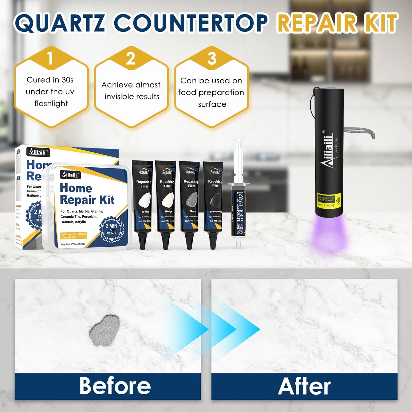 Quartz Countertop Repair Kit, Granite & Marble Repair Kit with 4*15g Filler(White,Beige, Gray,Clear), 30s Fast Repair Chip, Hole, Scratch, Crack on Fiberglass, Porcelain, Ceramic Tile, Bath Tub, Sink
