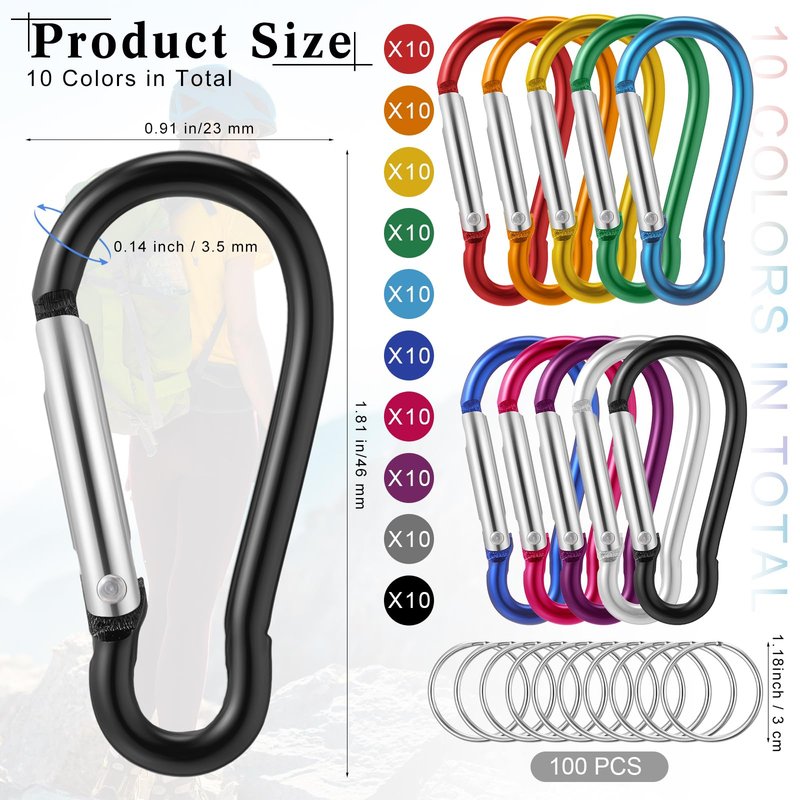 Yaocom 200 Pcs 1.8" Bulk 100 Aluminum Clip Keychains with 100 Keyrings Metal Mini Spring Snap Hooks for Camping Hiking Traveling Outdoor Activities (Stylish Color)
