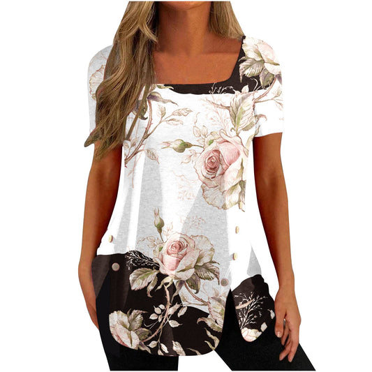 Generic Buy Again My Orders Square Neck Tops for Women Dressy Tunic Tshirt Retro Floral Graphic Tee Summer Fashion Ladies Blouse Short Sleeve Split Shirt Plus Size Aesthetic Cotton Tee Casual T Shirt