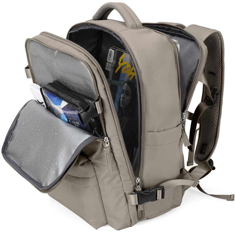 WONHOX Large Travel Backpack Women, Carry On Backpack, Hiking Backpack Waterproof Outdoor Sports Rucksack Casual Daypack with USB Charging Port Shoes Compartment, Grey Brown