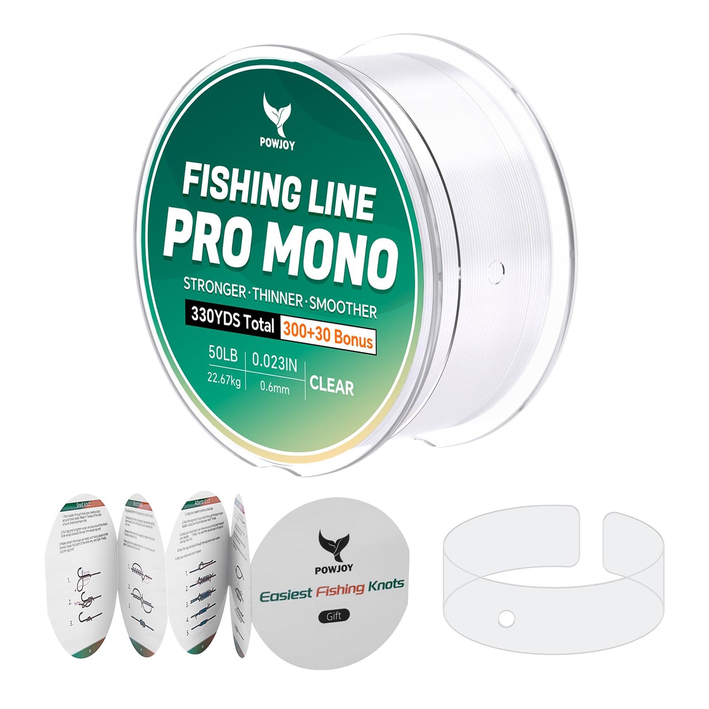 POWJOY 50lb Heavy Duty Clear Monofilament Fishing Line 330 Yards (30Yds Bonus) - Strong for Big Bass Fish in Saltwater/Freshwater, Low Stretch Nylon with Knot Instruction Cards & No-Tangle Snap Ring