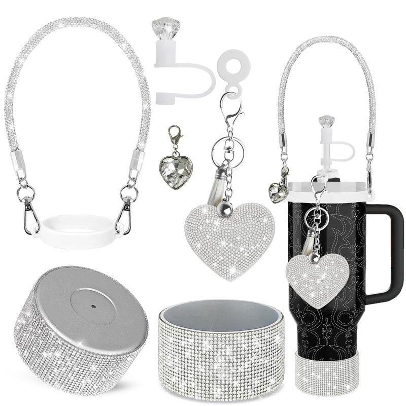VirgoCCY 6PCS Diamond Glitter Stanley Cup Accessories Set 30&40 Oz, Includes 1 Diamond Silicone Boot, 1 Handle Strap, 1 Straw Covers,1 Straw Adapters Charm Blank with 2 Glitter Charms, Silver