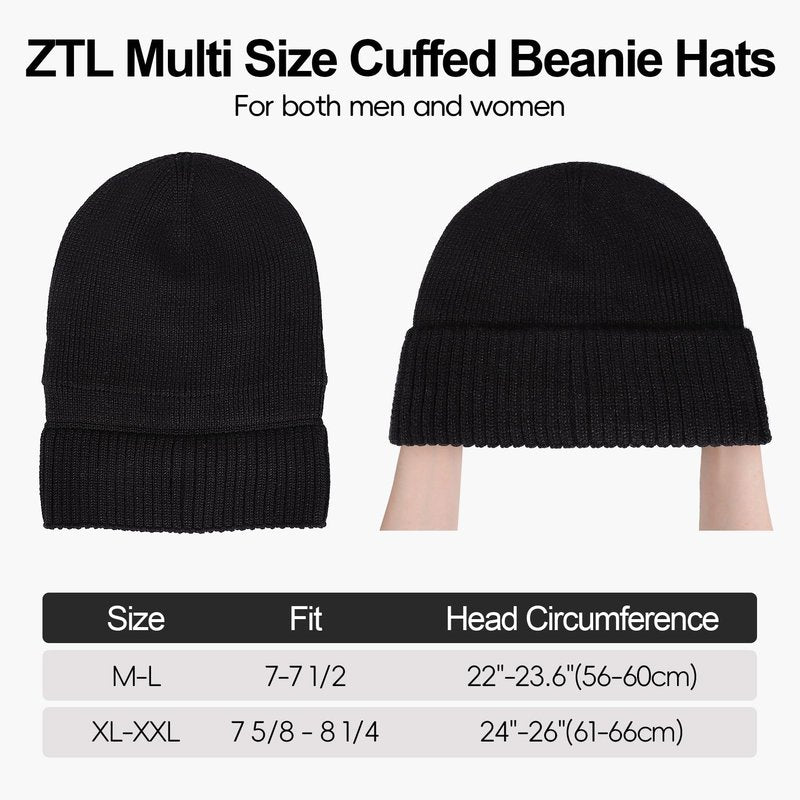 ZTL Oversize M/L/XL/XXL Beanie Hats for Men 30% Merino Wool Knit Hat, Winter Hats for Women Thick Warm Lined Cold Weather Skull Cap(Black,XXL)