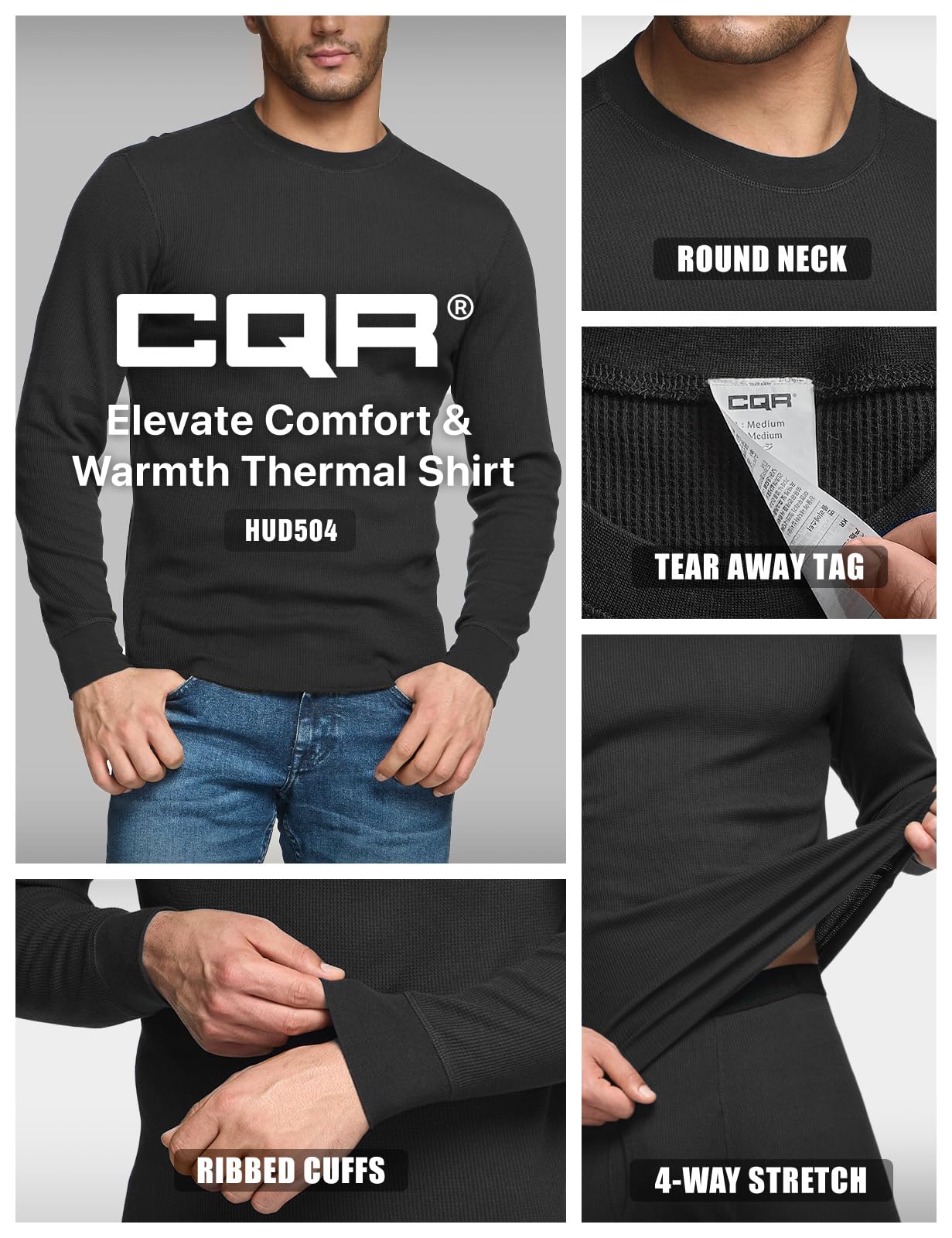 CQR Men's Long Sleeve Thermal Underwear Tops, Midweight Waffle Crewneck Shirt, Winter Cold Weather Thermal Shirts, 2 Packs of Tops Light Grey/Natural, Large