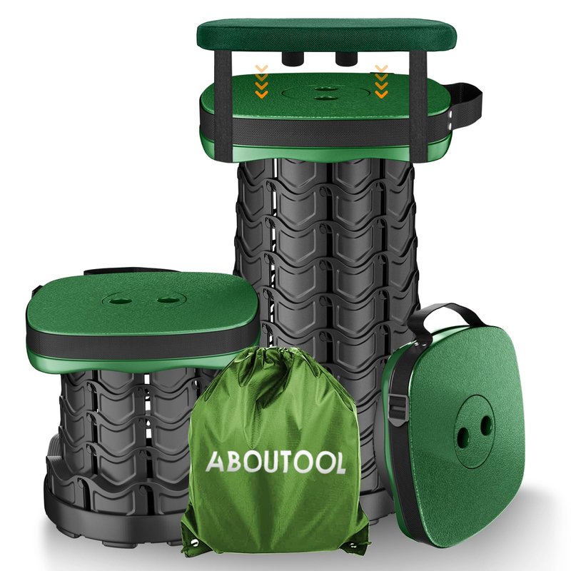 aboutool Folding Camping Stool, Square Collapsible Portable Stool with Elastic Seat Cushion& Adjustable Nylon Bag, Sturdy Lightweight Telescoping Foldable,Max Load 485lb (Green)
