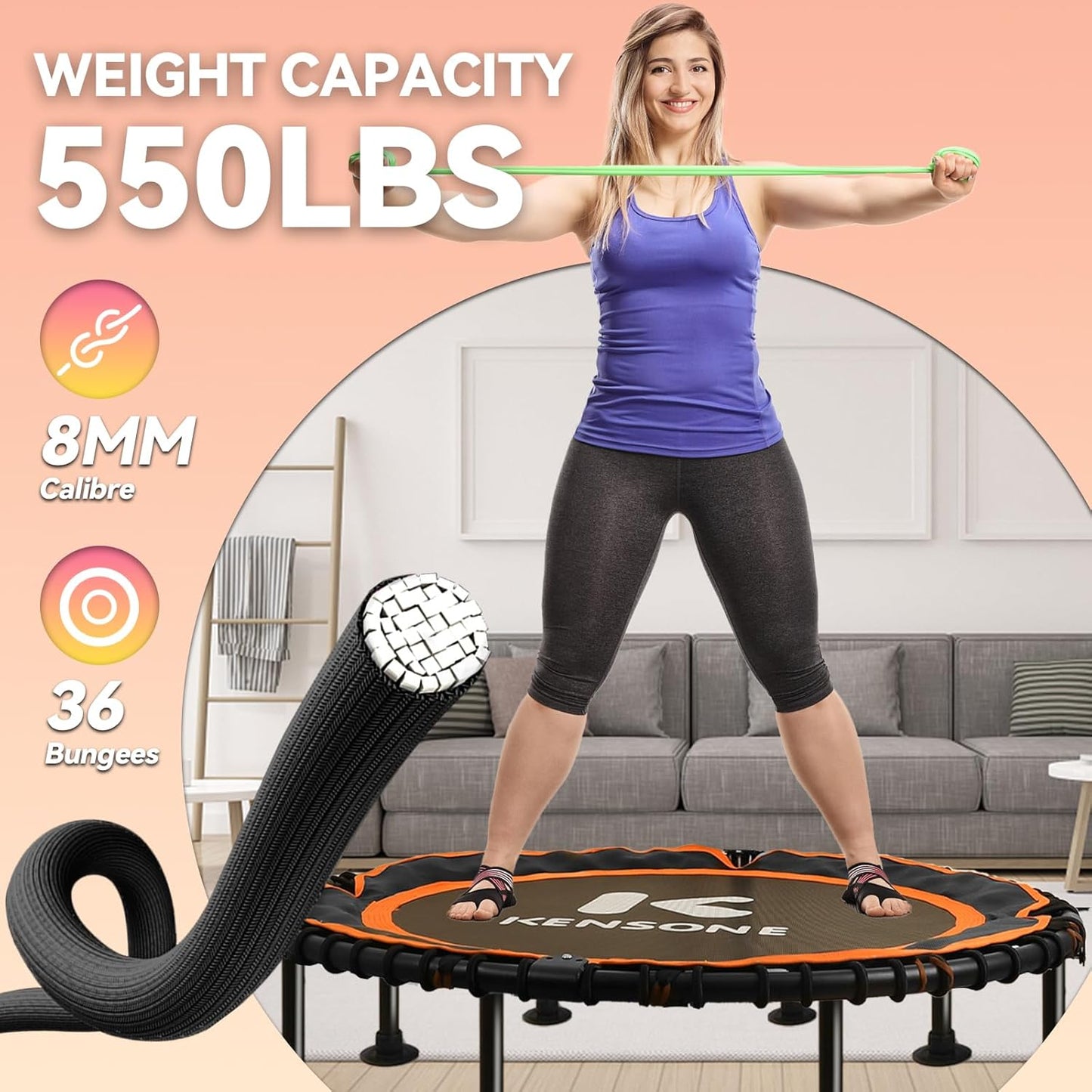 K KENSONE Foldable Rebounder Trampoline for Adults - 450/550 LBS Indoor Fitness Mini Gym Workout