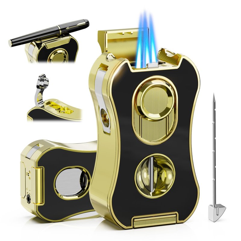 6-in-1 Quad Torch Lighter with Holder, V & Straight Cutter, Punch, Draw Enhancer Tool, Gifts for Men, Flame Adjustable, Refillable Butane Torch Lighter, Multi-use Accessories for Outdoors