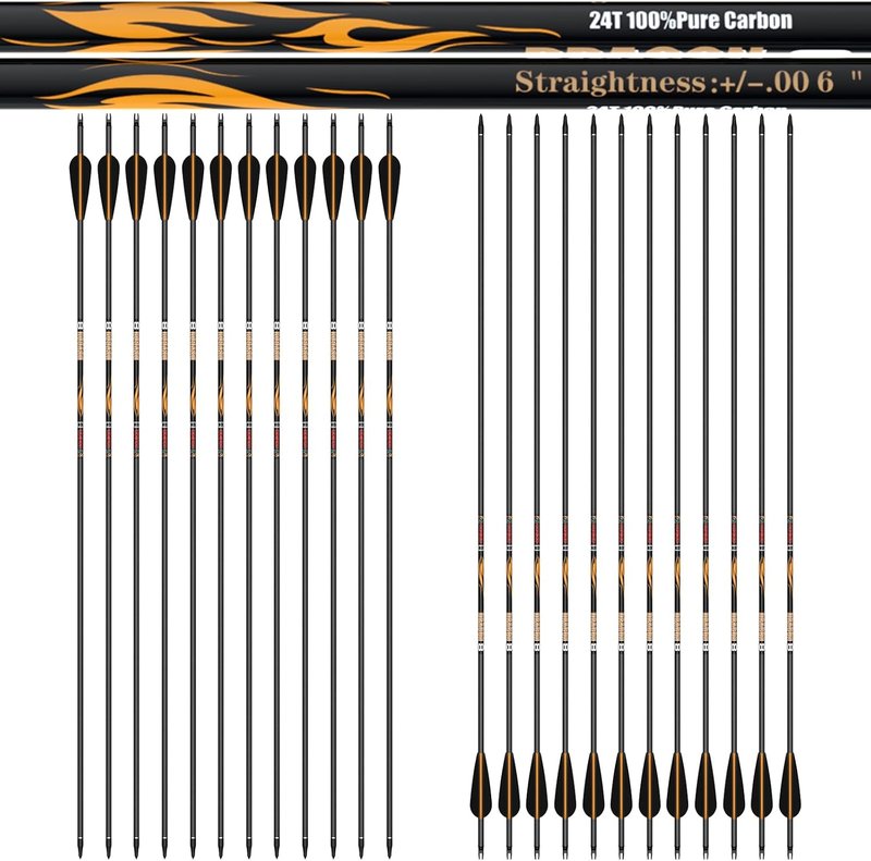 100% Pure Carbon Hunting Arrows - Olympic-Grade 10 Spine Deflection | Straightness 0.001" to 0.006" | 12 or 24 PCS for Compound & Recurve Bows