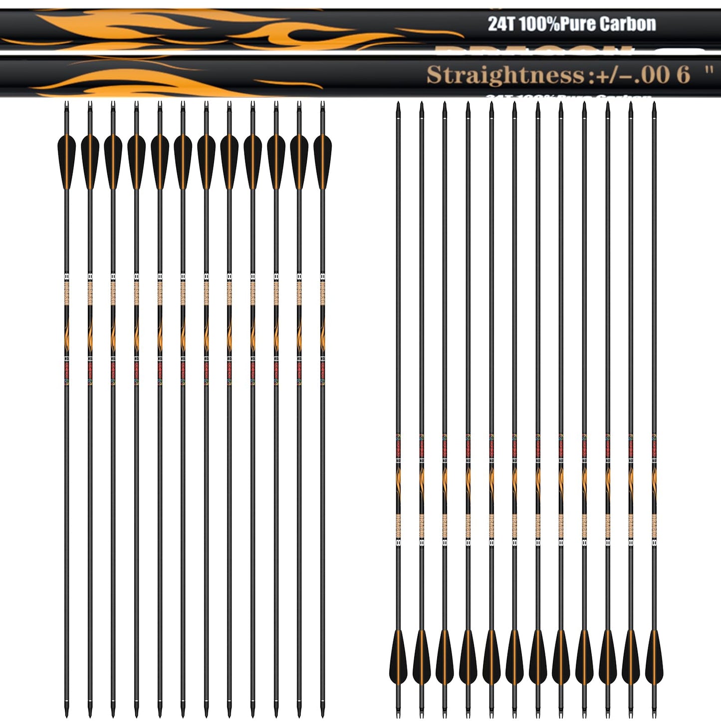 sanlida Dragon 8 100% Pure Carbon Hunting Arrows, 32" Ready-to-Shoot Arrows with Inserts, ±0.006" Straightness, 10-Spine Options, for Compound & Recurve Bows, 24 Pack (320 Spine)