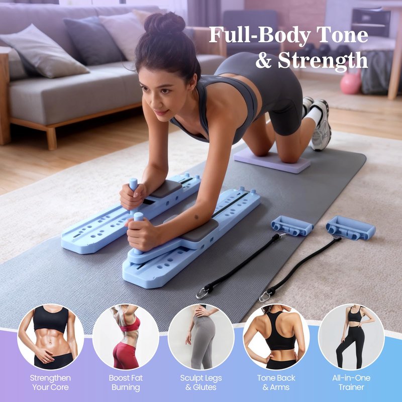Nicoler Portable Pilates Reformer - Pilates Board 8-in-1 Multi-Functional Pilates Equipment with Workout Cards, 20lbs + 30lbs Resistance Bands, Ankle Straps for Home Workout, Fitness, Abs(Blue)
