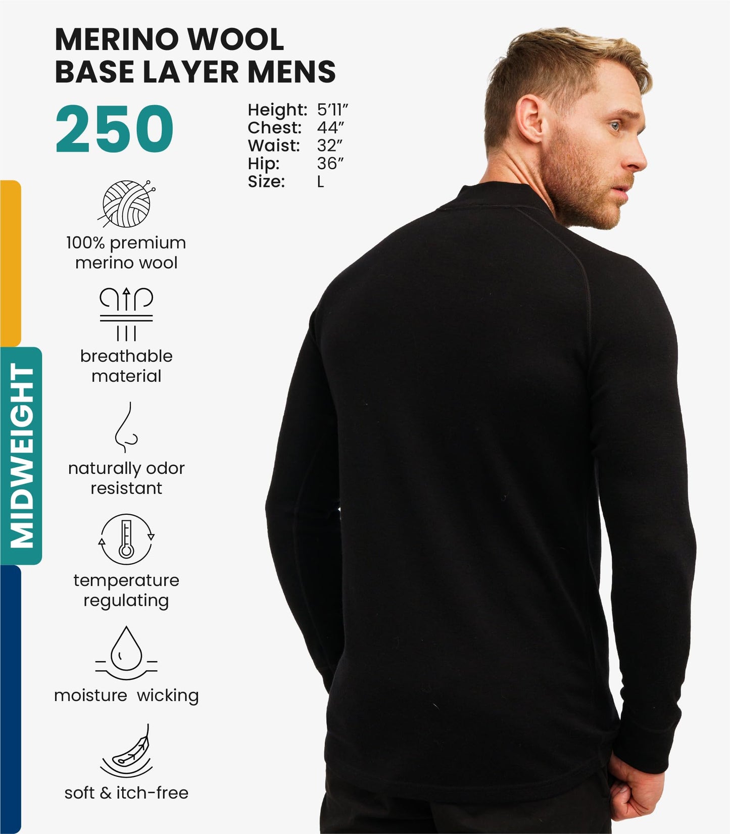 Merino Wool Base Layer Mens - Wool Half Zip Sweater Men - Merino Quarter Zip Sweater Lite, Midweight, Heavyweight and Socks (Large, 250 Black)