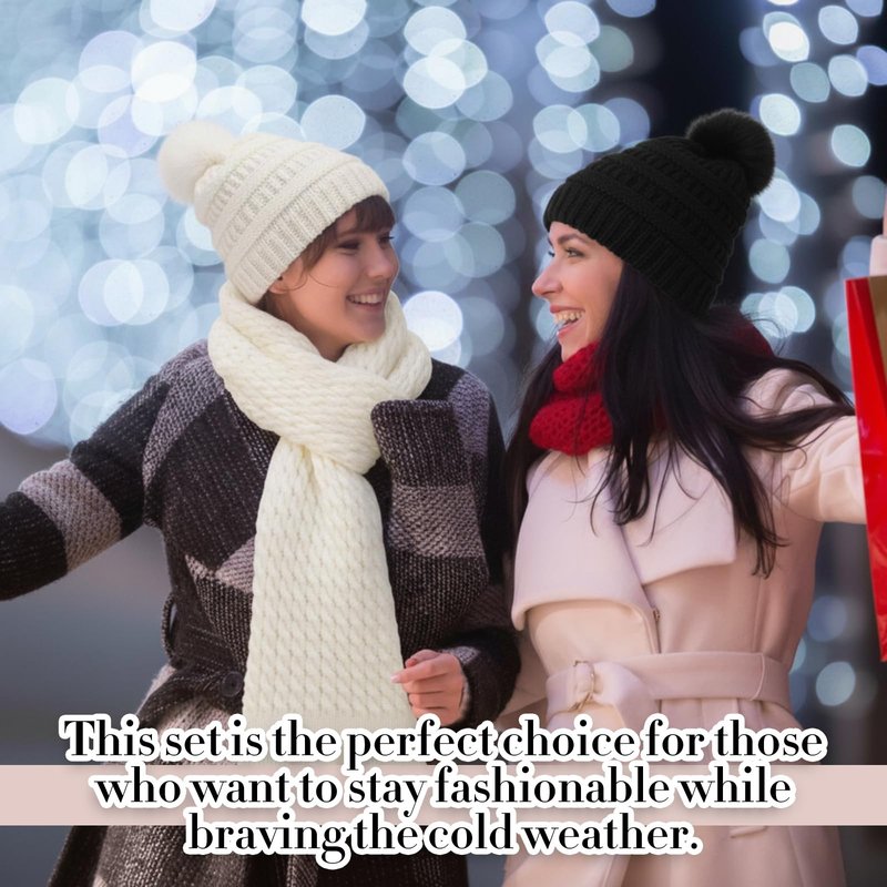 Suhine 8 Pcs Winter Hat Scarf Gloves Earmuff Set Knit Beanie Pompom Hat Warm Touch Screen Gloves for Women Men Adult(Black,White,Chic Style)