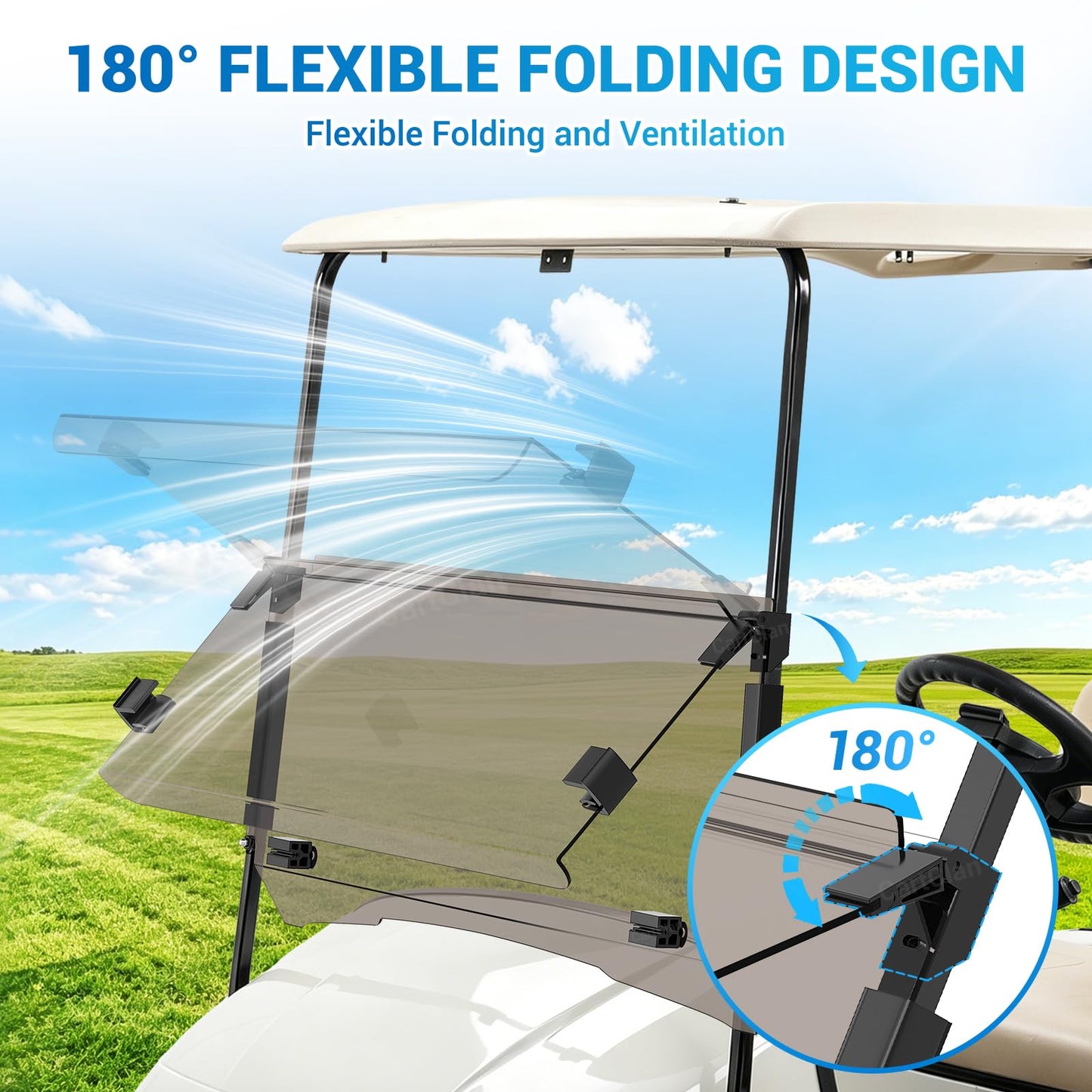 CartClan EZGO Golf Cart Windshield, Foldable EZGO Tinted Windshield for 1995-2013 EZGO TXT, PDS, DCS Golf Carts, UV and Impact Resistant, PC Golf Cart Windshield with Clips