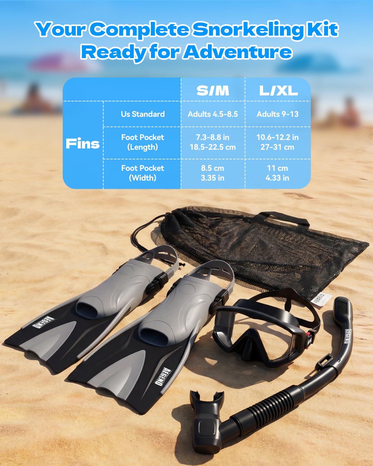 Aegend Snorkeling Gear for Adults Men Women: Anti-Fog Panoramic Mask Set, Adjustable Fins & Dry Top Snorkel – All-in-One Travel Snorkel Set for Swimming, Diving & Snorkeling (Dark Black, S/M)