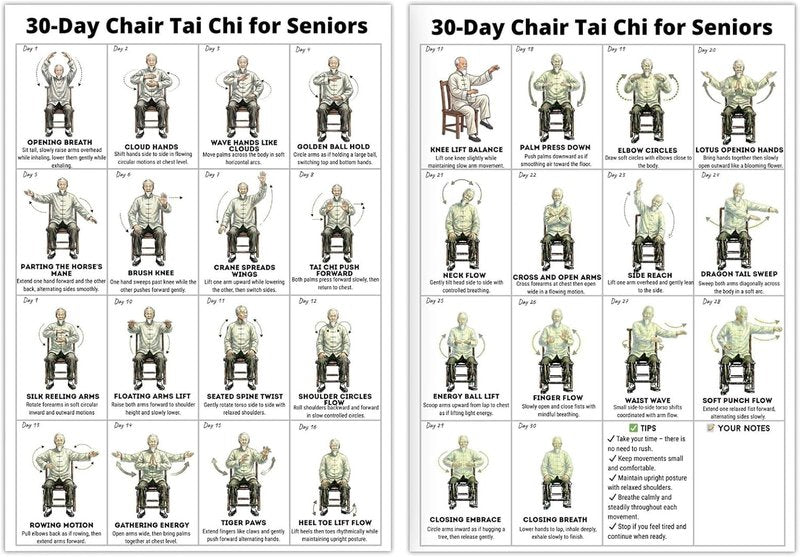 Tai Chi Chair Workout Chart for Seniors - 30-Day Printable Exercise Guide | Easy Step-by-Step Routine (2PCS)