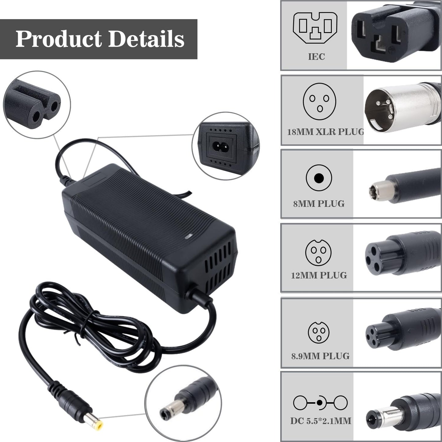 29.4V 2A Fast Charger 7 in 1 Plugs Universal for 24V 25.2V 25.6V 25.9V Lithium Battery, 7S Lithium Battery Replacement Charger for Gotrax,Jetson,Razor,Ninebot,etc