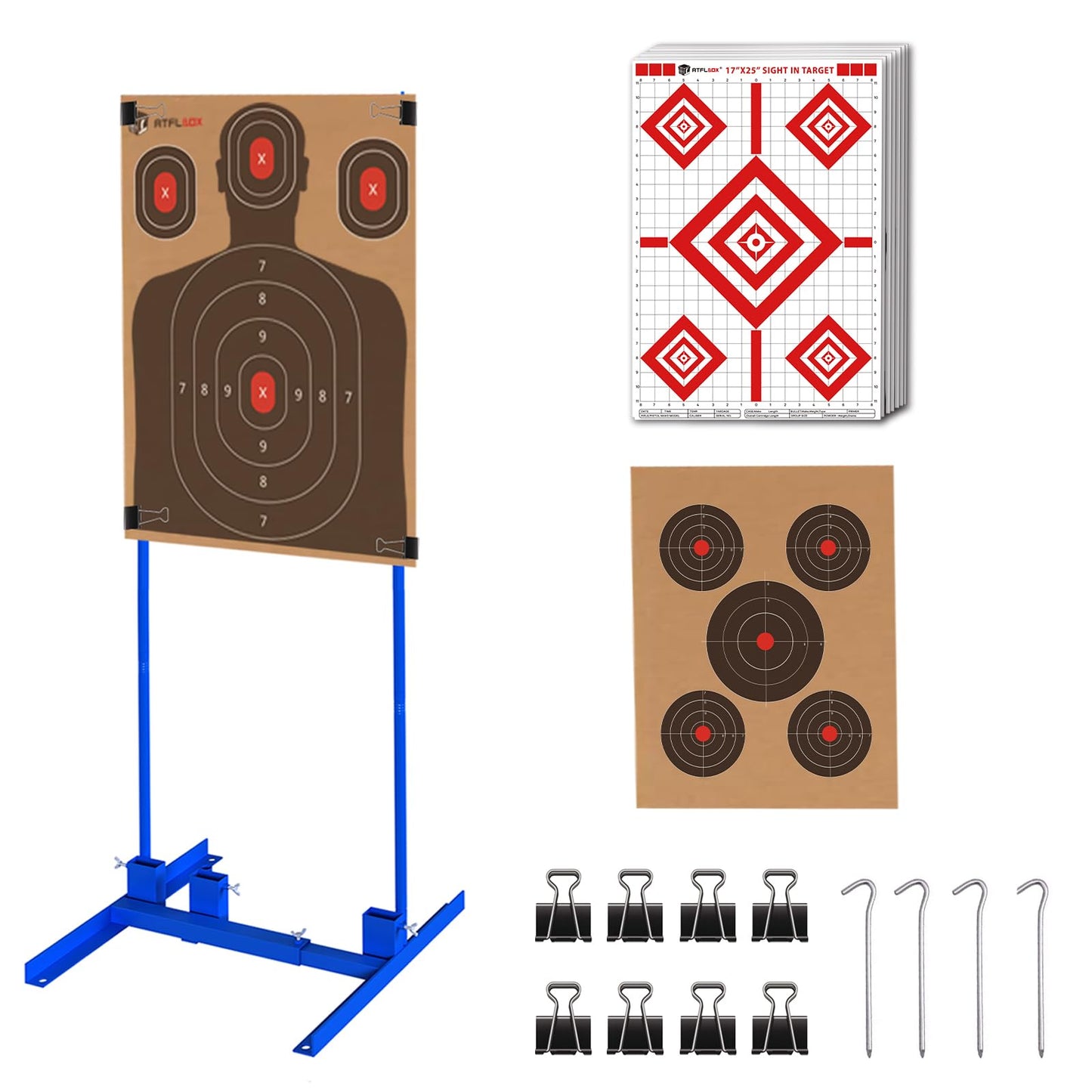 Atflbox Shooting Target Stand with 10pcs 17x25 Inch Sight in Paper Targets, Durable Paper Target Holder with Stable Adjustable Base for Cardboard Silhouette, H Shape, IPSC, IDPA Practice