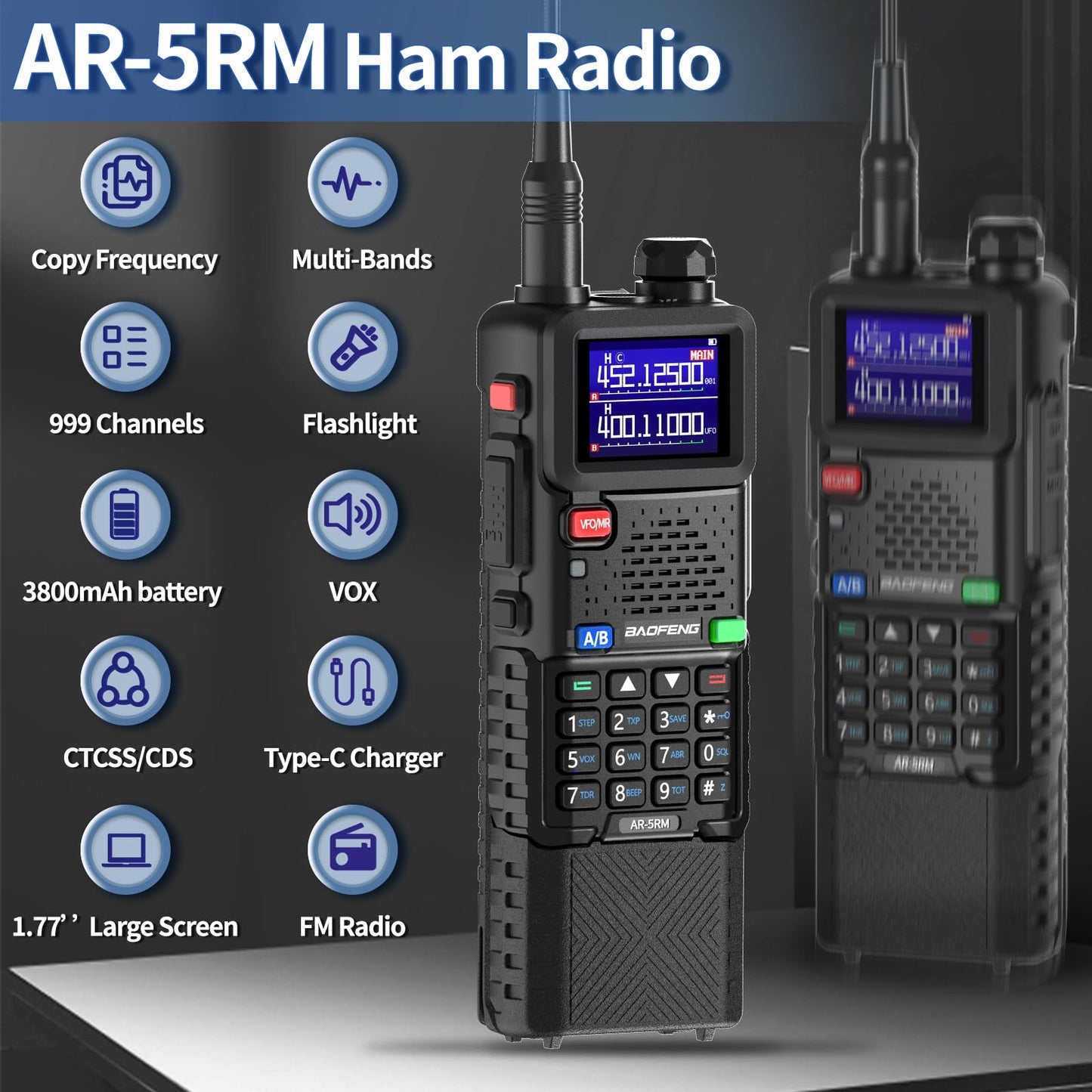 Baofeng Radio Ham Radio Long Range 10W 5RM Handheld Two Way Radio NOAA Weather Radio DTMF Walkie Talkies Copy Frequency 999CH USB-C Charger 3800mAh Battery Survival Gear (2 Pack)