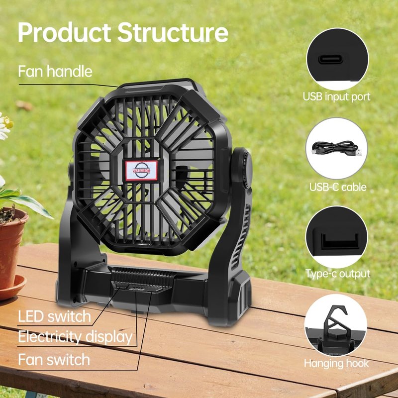 Eloslos Portable Rechargeable Camping Fan for Tent, LED Lantern, 270 Rotation, 36 Hours 10-Inch Quiet Personal USB Cooling Fan for Travel, Home, Office