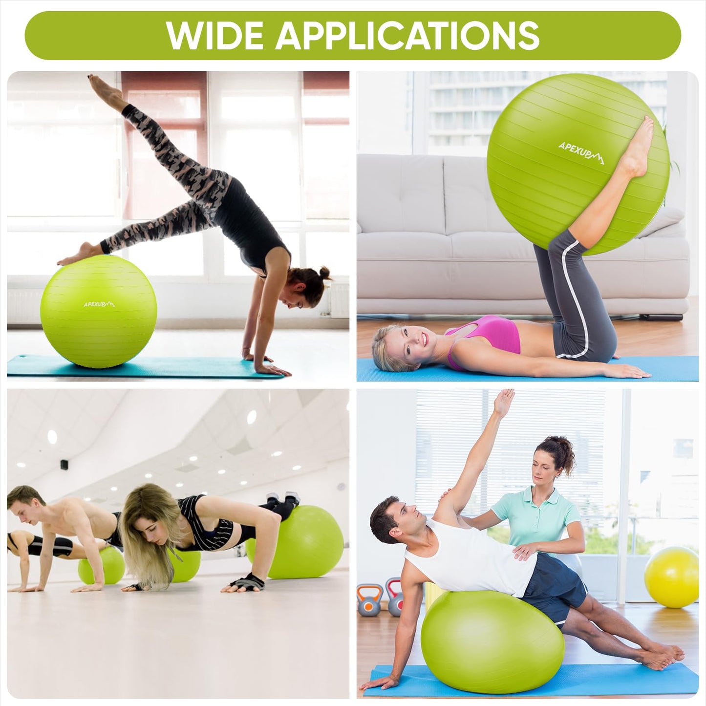 APEXUP Yoga Ball, 660 lbs Anti-Burst Exercise Ball with Pump, 5 Sizes
