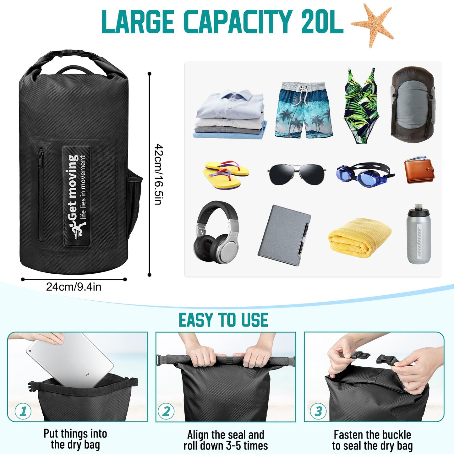 BKNOOU Dry Bag Waterproof for Kayaking, Roll Top Backpack for Women Men