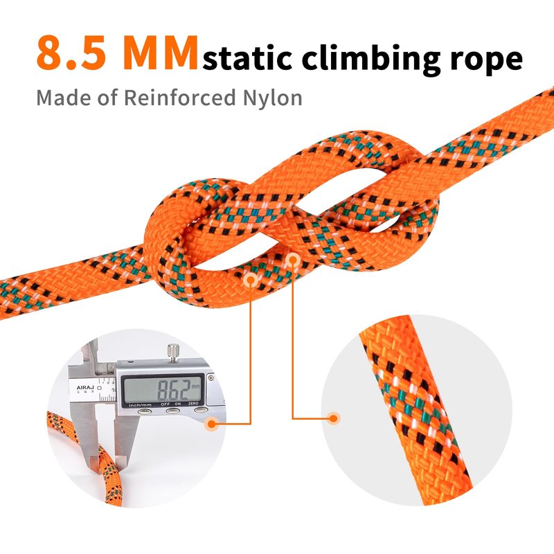 AOLEBA 8.5mm Static Climbing Rope, Outdoor Rock Climbing Ropes, Heavy Duty Rappelling Rope for Fire Rescue, Escape, 10M(32Ft) 20M(64Ft) 30M(96Ft) Ice Climbing Equipment & Parachute Accessories