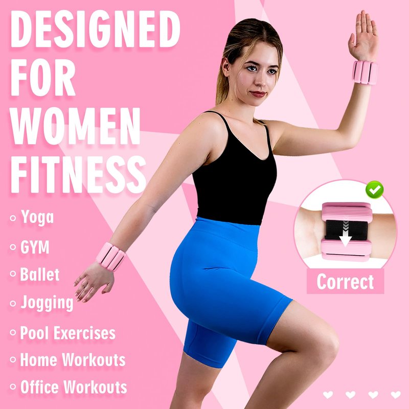 Wrist Weights, Adjustable Wrist Ankle Weights for Women and Men (1 lb Each), 2Pack Wearable Silicone Bracelets SuitableSuitable for Walking, Yoga, and Gym, Arm & Leg Workout, 2lb (Pink)