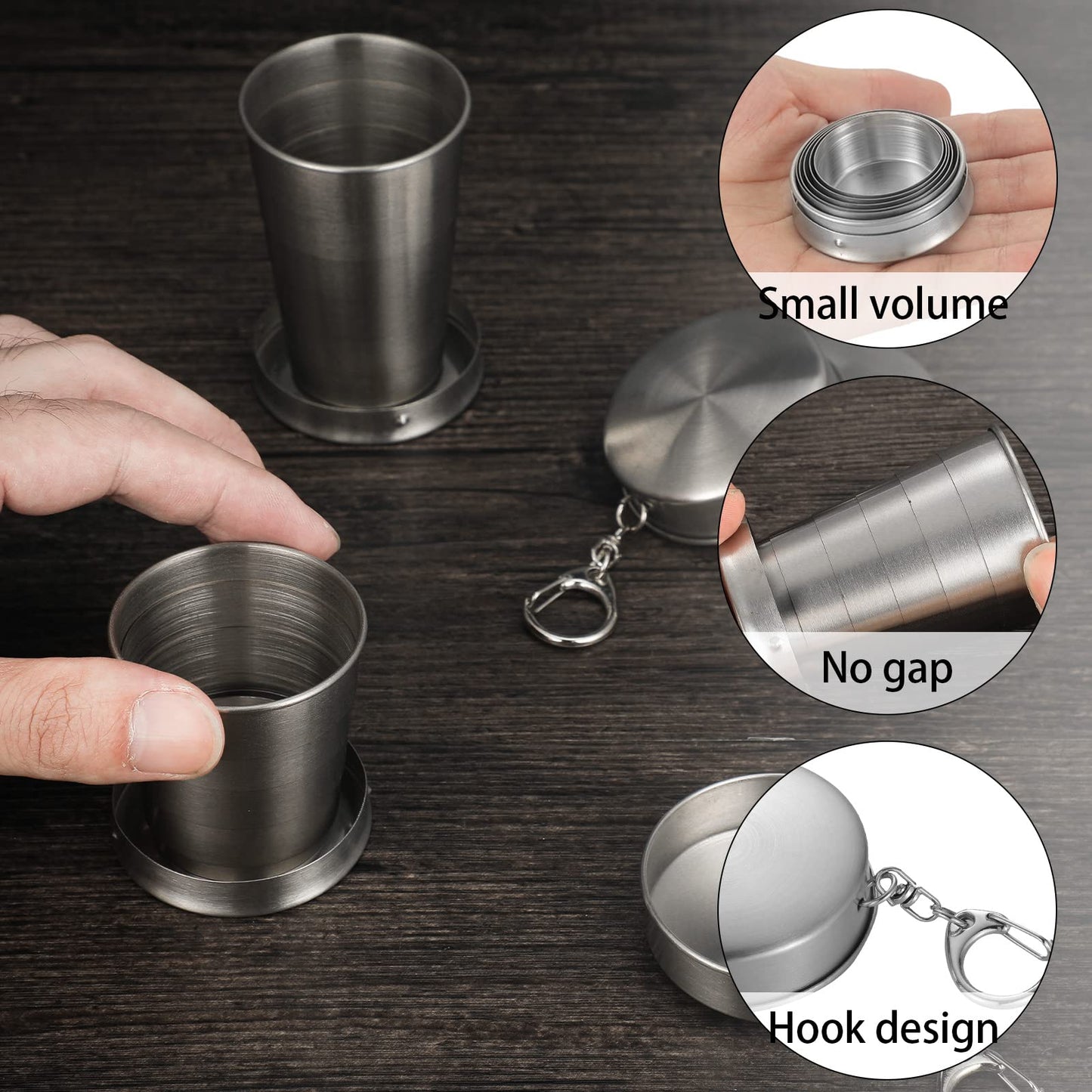 Tessco 6 Pieces Collapsible Shot Glasses Stainless Steel Collapsible Cup Reusable Portable Travel Folding Cup with Lid and Keychain for Camping Hiking Cycling (6 Pcs, 2.5 oz)