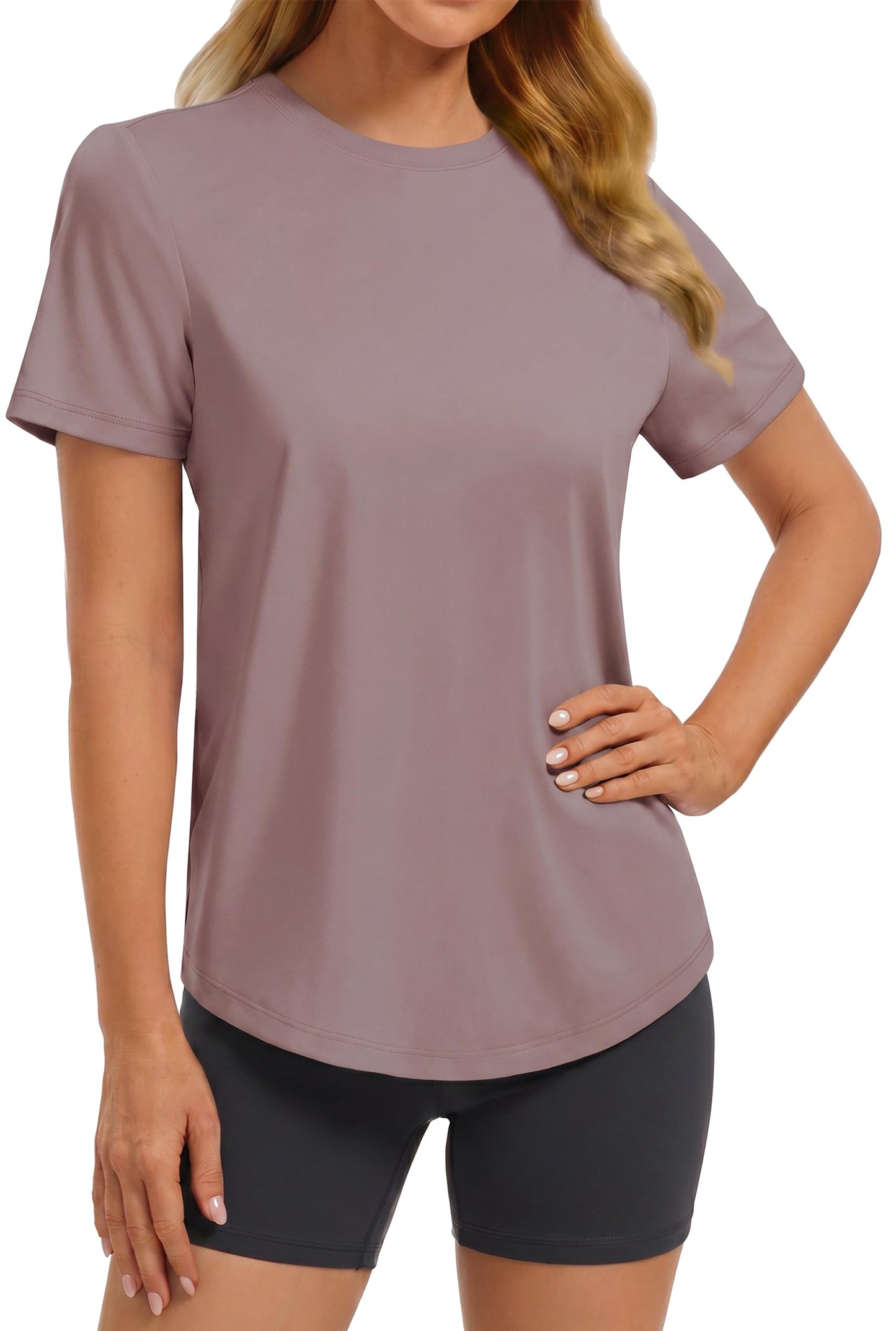 PINSPARK Soft Quick Dry Womens Workout Tops UPF 50+ Sun Shirt Short Sleeve Crew Neck Athletic Shirts for Casual Running Yoga Travel,Warm Tan X-Large