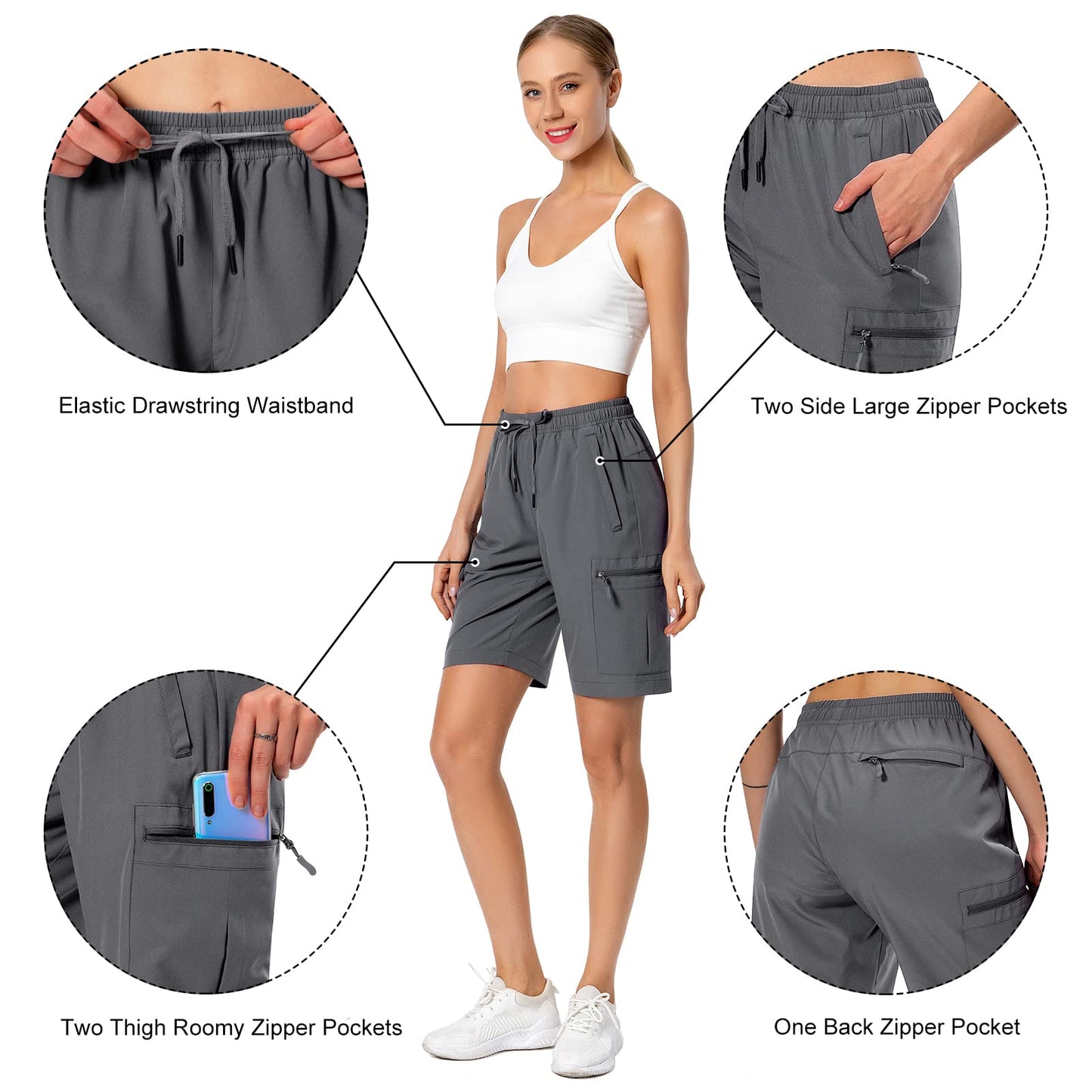 Hugut Women's Lightweight Hiking Cargo Shorts Quick Dry Athletic Shorts Camping Travel Golf Zipper Pockets Water Resistant Dark Grey
