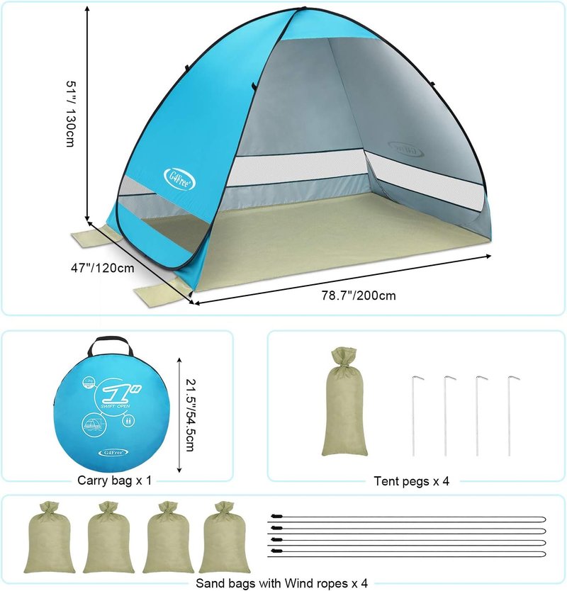 Large Pop-Up Beach Tent for 3-4 People - UPF 50+ Automatic Sun Shelter & Portable Outdoor Canopy