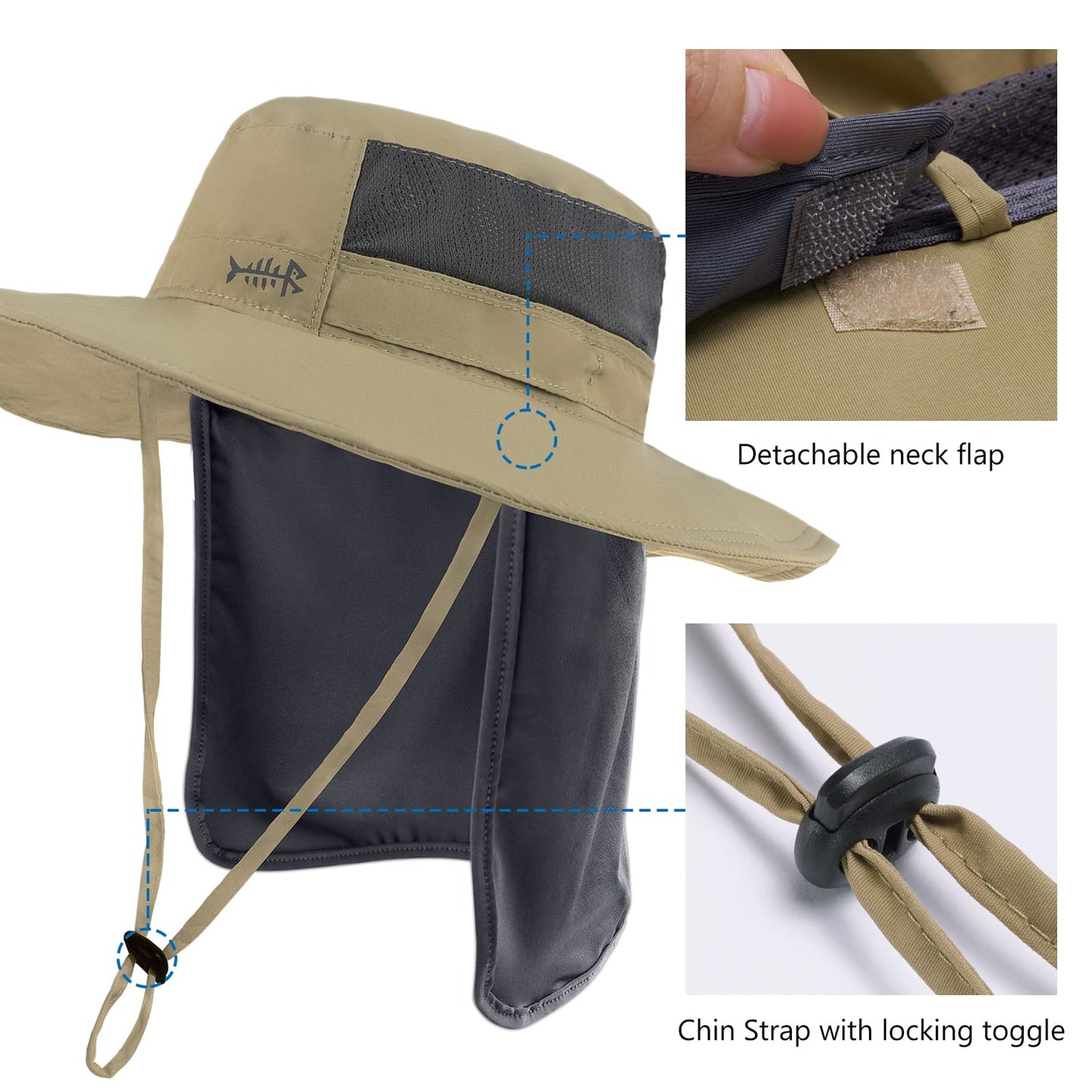 BASSDASH UPF 50+ Sun Fishing Hat Water Resistant with Detachable Neck Flap Dark Khaki