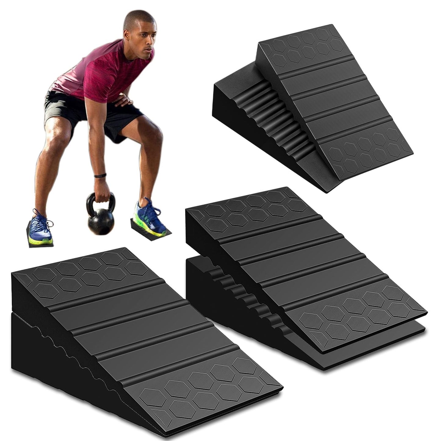 AKA Adjustable Squat Wedge Rubber Block 2-Set (4-Pcs), Non-Slip Wedge , Heavy Duty Professional Squat Wedges / Slant Board for Weightlifting and Fitness