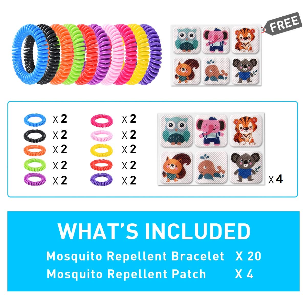 20 Pack Mosquito Bracelets with 4 patches - Waterproof Wrist Bands for Kids & Adults, Natural Deet-free Resealable