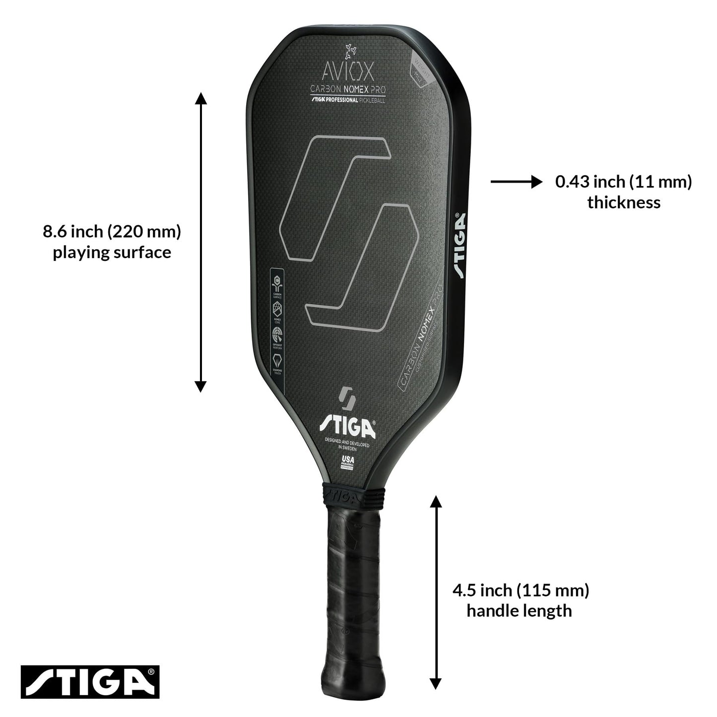 STIGA Aviox Carbon Nomex Pro Pickleball Paddle | Midweight Carbon Fiber Paddle for Power & Speed - Professional Grade - USAPA Approved - Designed in Sweden