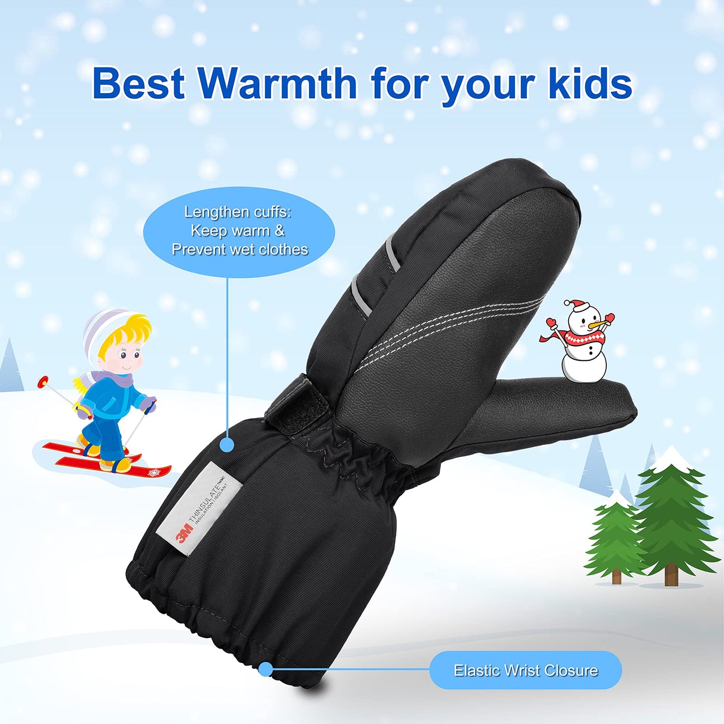 BQA Kids Ski Mittens Toddler Winter Snow Thinsulate Waterproof Mittens with String for Boys Girls