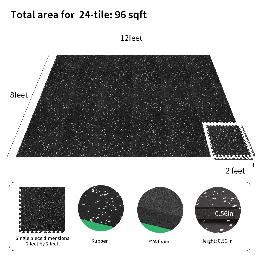 0.56in Thick 96 Sq Ft Gym Flooring for Home Gym, 24 Tiles Workout Exercise Equipment Mats, Rubber Top with EVA Foam, Interlocking Puzzle Floor Tiles for Fitness Room, Protective Flooring Mat